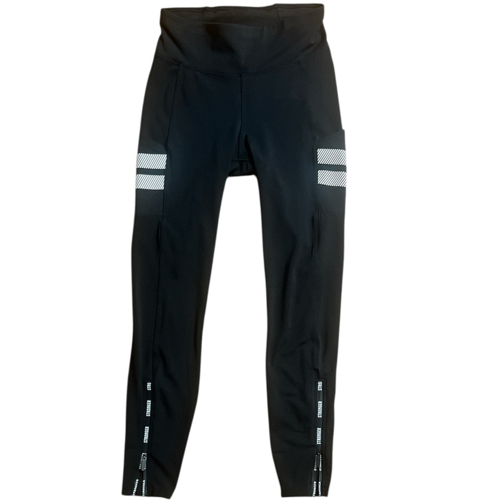 Stronger Women Small Black Ankle Zip Side Pocket White‎ Stripe Leggings